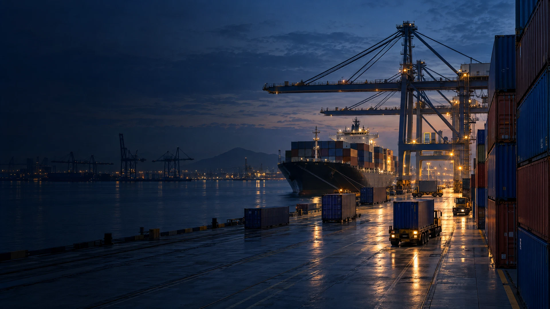 Illustrative container terminal and cargo vessel at blue hour representing international commerce